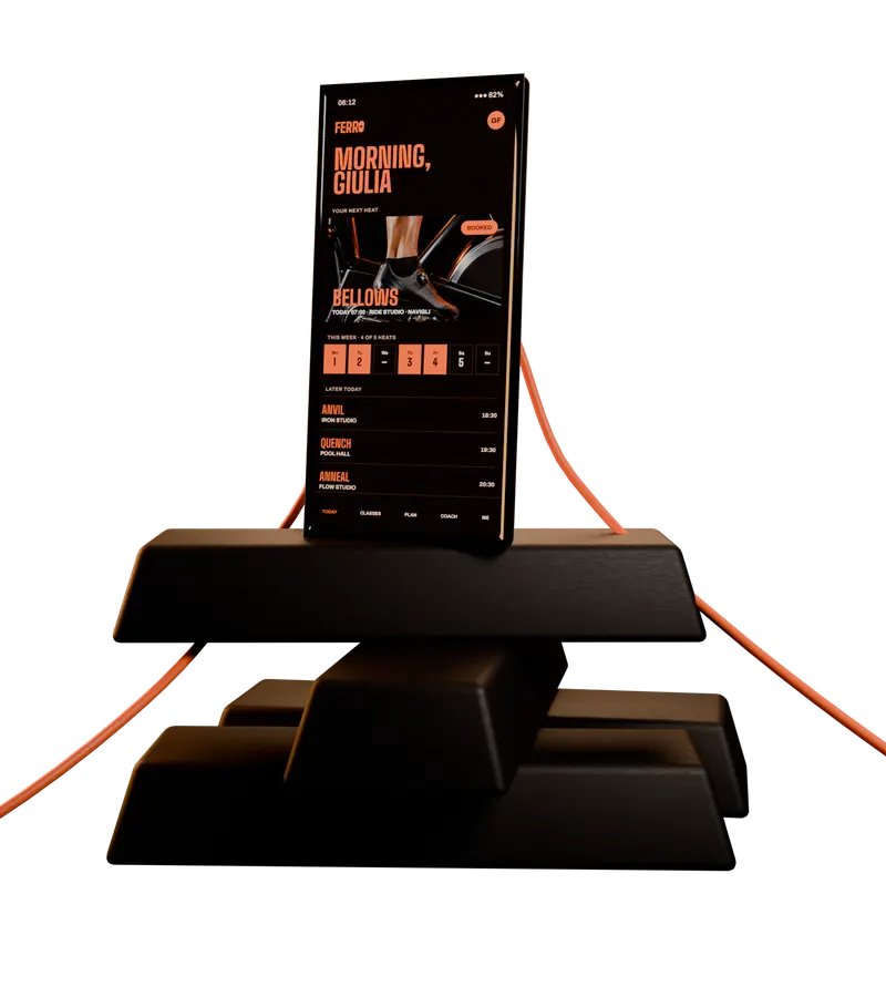 The Ferro app on a phone standing on cast-iron ingots